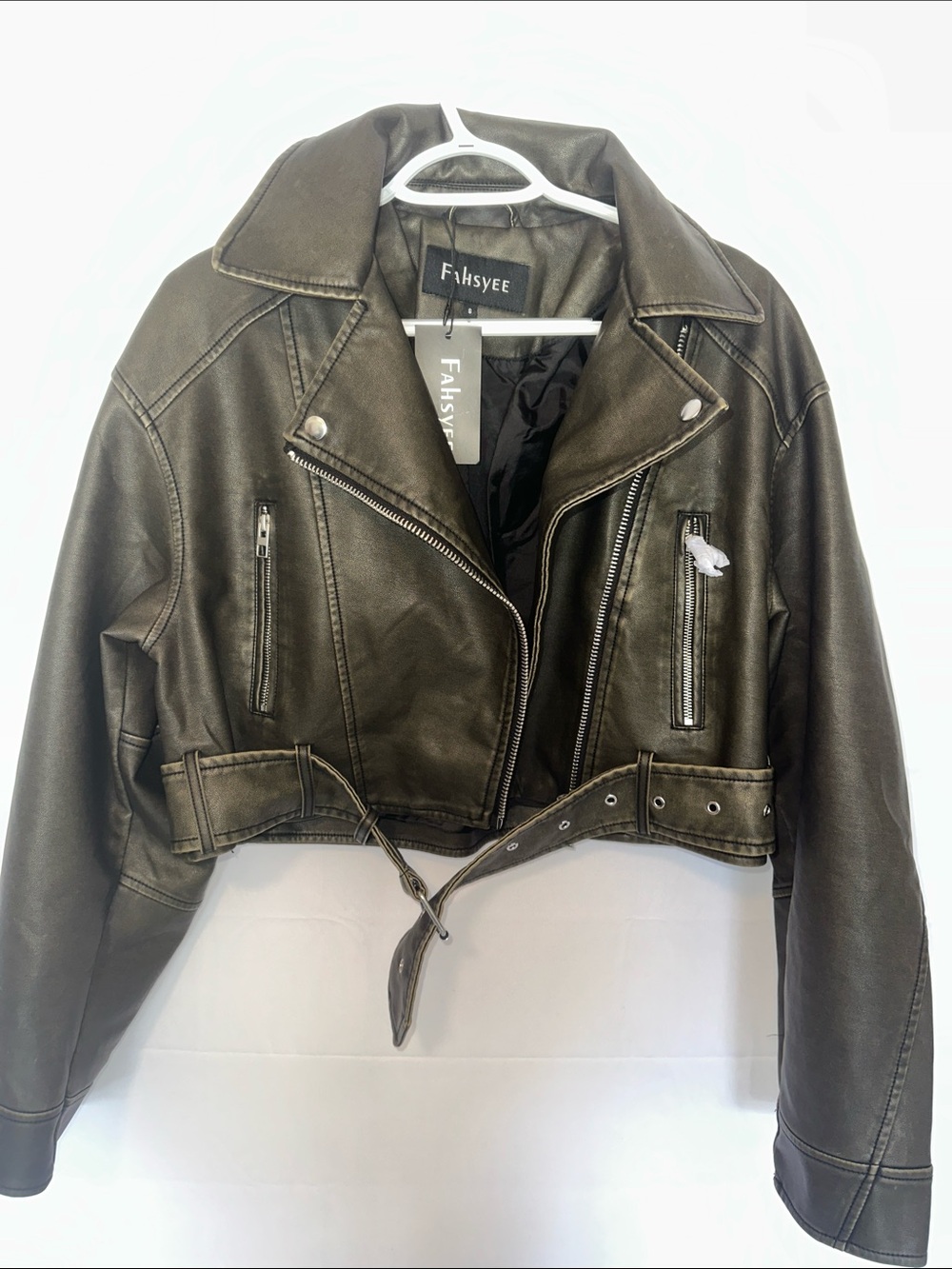 Fahsyee Olive Green Faux Leather Cropped Moto Jacket